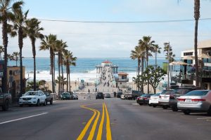 Manhattan Beach, California, USA - January 30, 2016: View of Manhattan Beach Boulevard and Manhattan Beach Pier with locals and tourist enjoying a clear day in Southern California